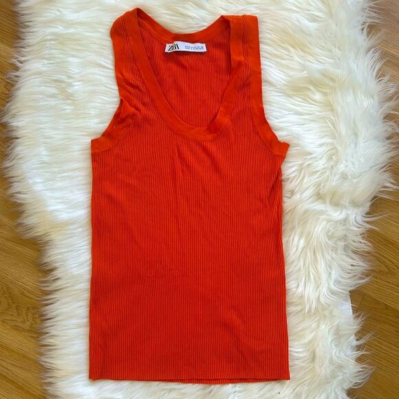 ZARA Orange Ribbed Tank Top Viscose Medium - Picture 1 of 4
